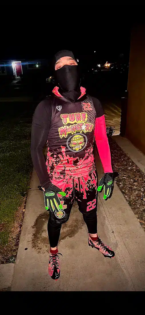 Turf Monsters 7 on 7 football wearing custom sublimated uniforms manufactured by Final Game Sports in tracy california