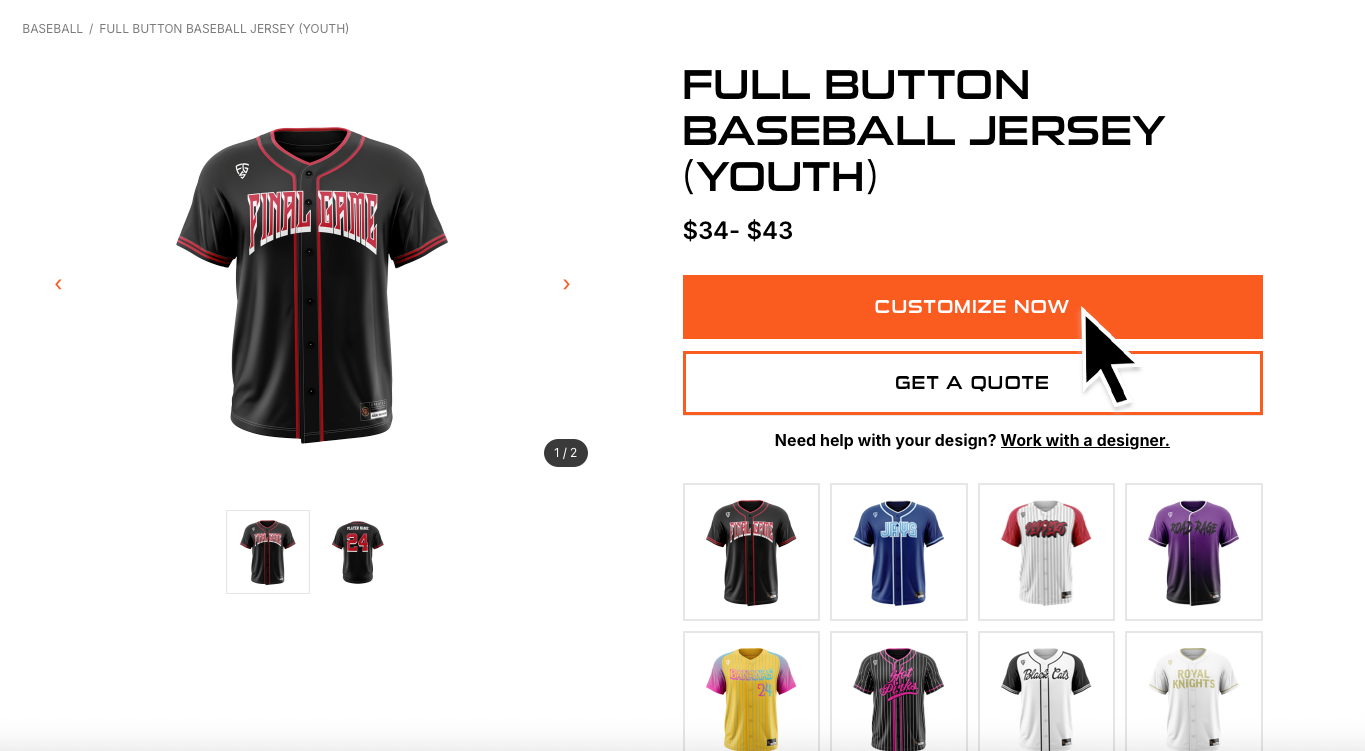 Product page with the Customize and Pay button