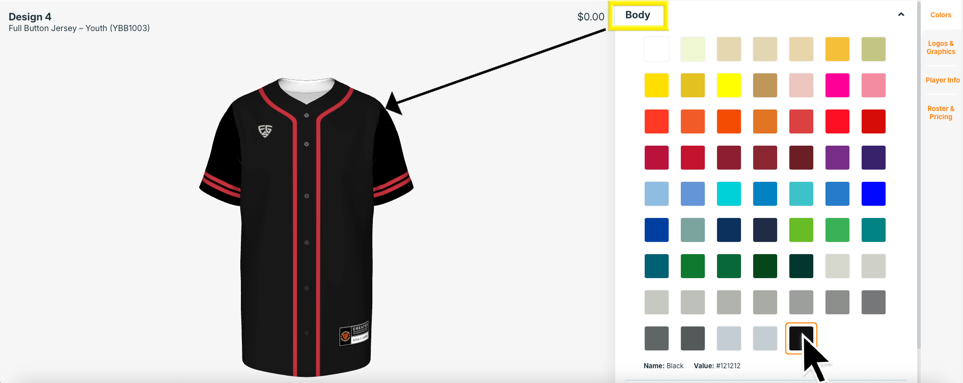 Choosing the main body color of a baseball jersey