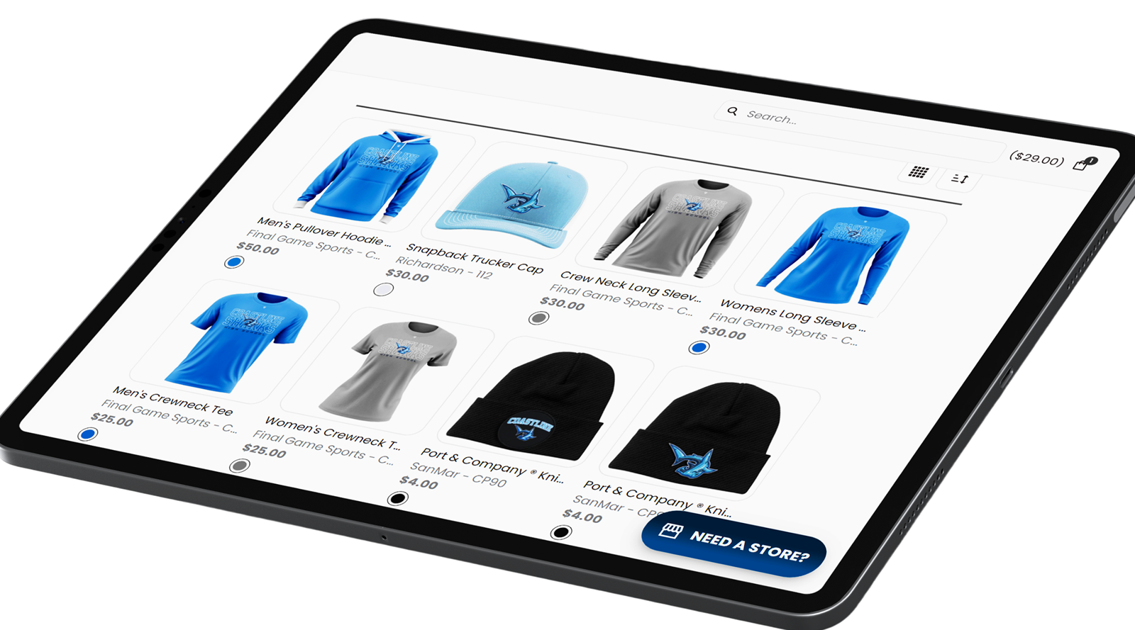 Team store product grid shown on a tablet