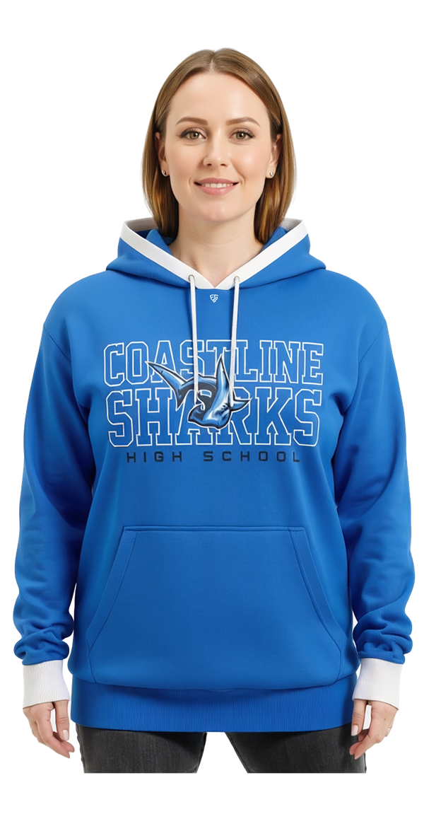 Person wearing a Coastline Sharks team hoodie