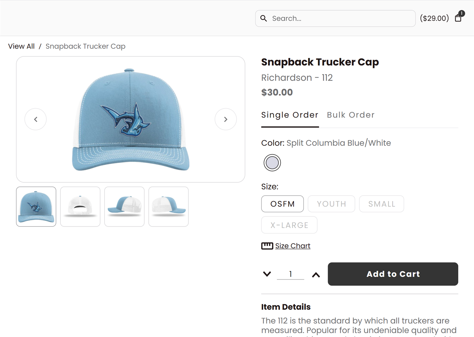 Team store product page with a snapback trucker cap