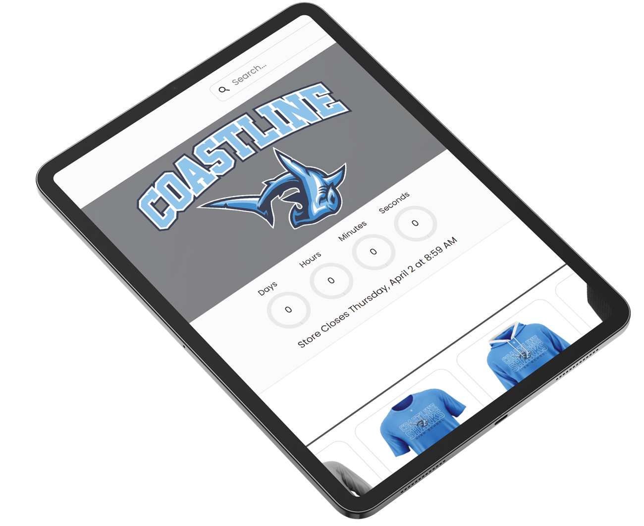 Coastline Sharks team store home page on an iPad